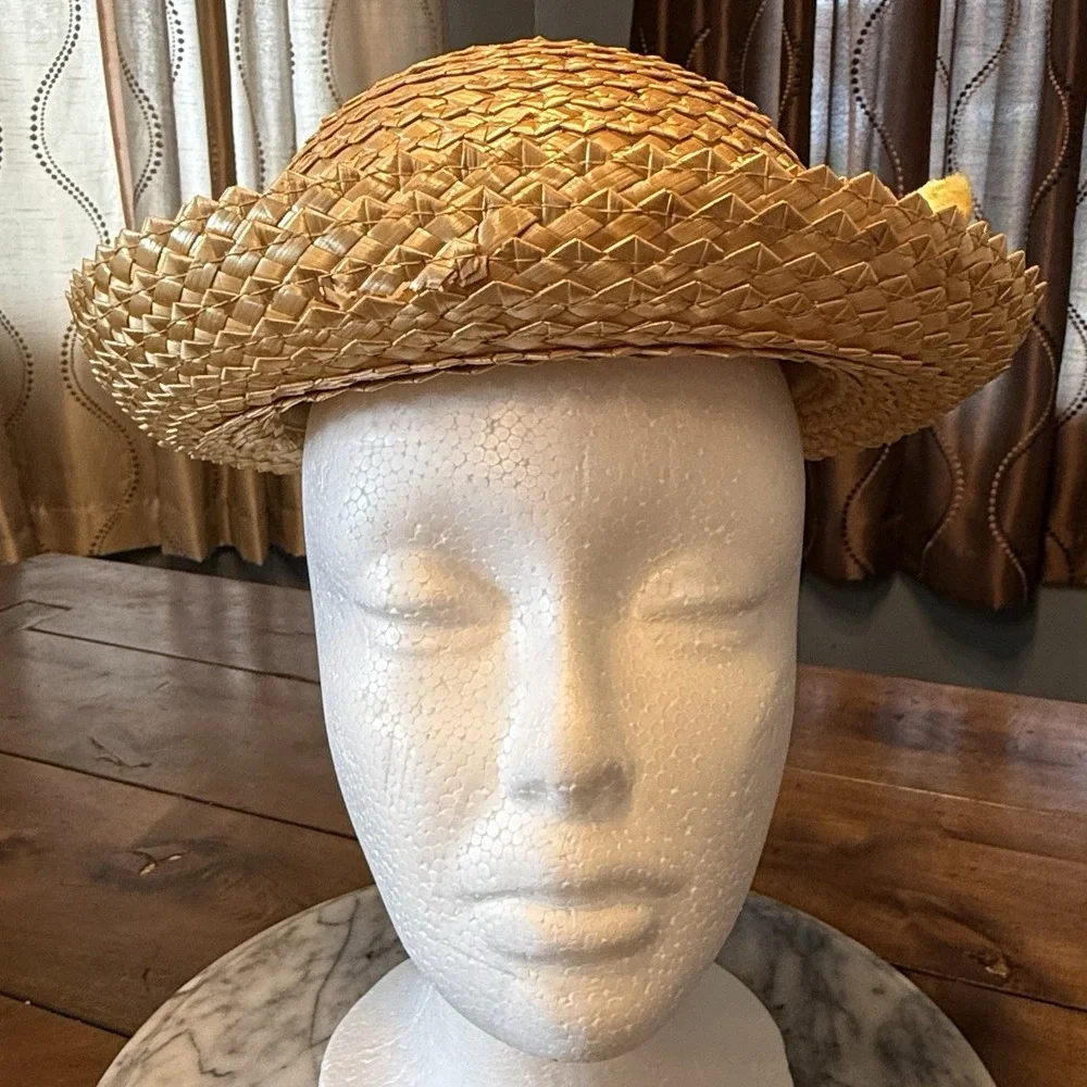 VTG 60s MCM Child Straw Hat Yellow Ribbon Floral Flower Girl